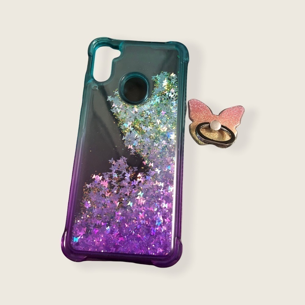 Samsung Galaxy A11 Turquoise & Purple Gradient Glitter Water w/ Accessories